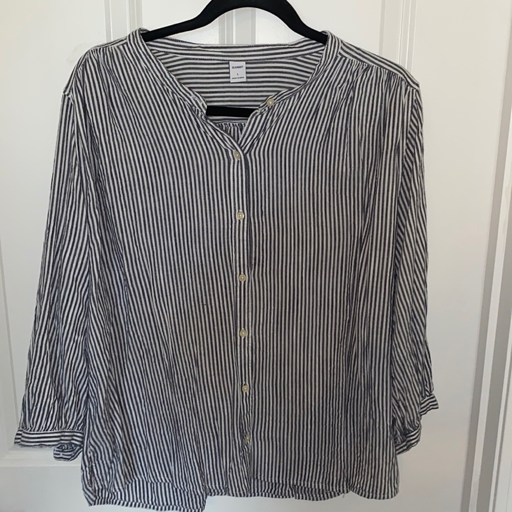 blue and white striped button down blouse